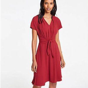 Ann Taylor Petite dress in 2P, tie-front, flare, short sleeves, burgundy